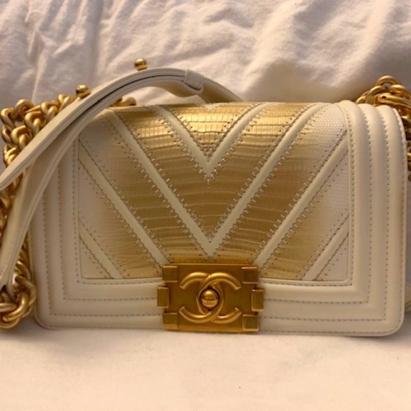 Chanel boy bag small, Chevron lizard, white/gold - Picture 1 of 16